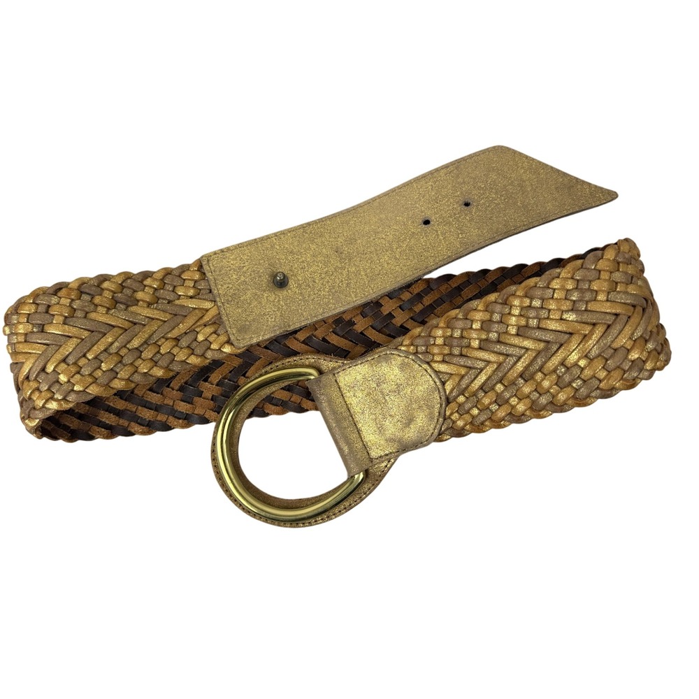 Linea Pelle Belt Womens Small Gold Metallic Braided Leather Round Buckle